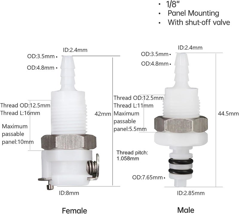 BBTUS 2Pcs 1/8" 3/16" 1/4" Plastic Hose Quick Connector with Shut-Off valve Panel Mounting Hose Tube Connector，Male Female Quick Connect Fittings (2 Male+ 2 Female) (1/8") - Image 2
